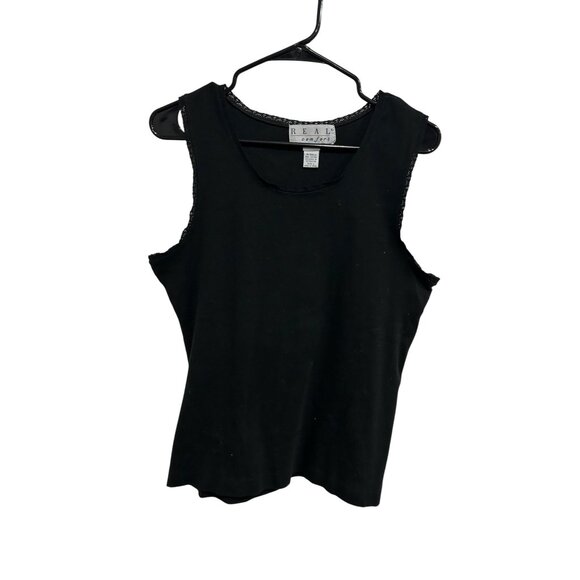 Real Comfort Lace Trim Tank Top Black Sz Large Scoop Neck Sleeveless Knit Cotton - Picture 1 of 9